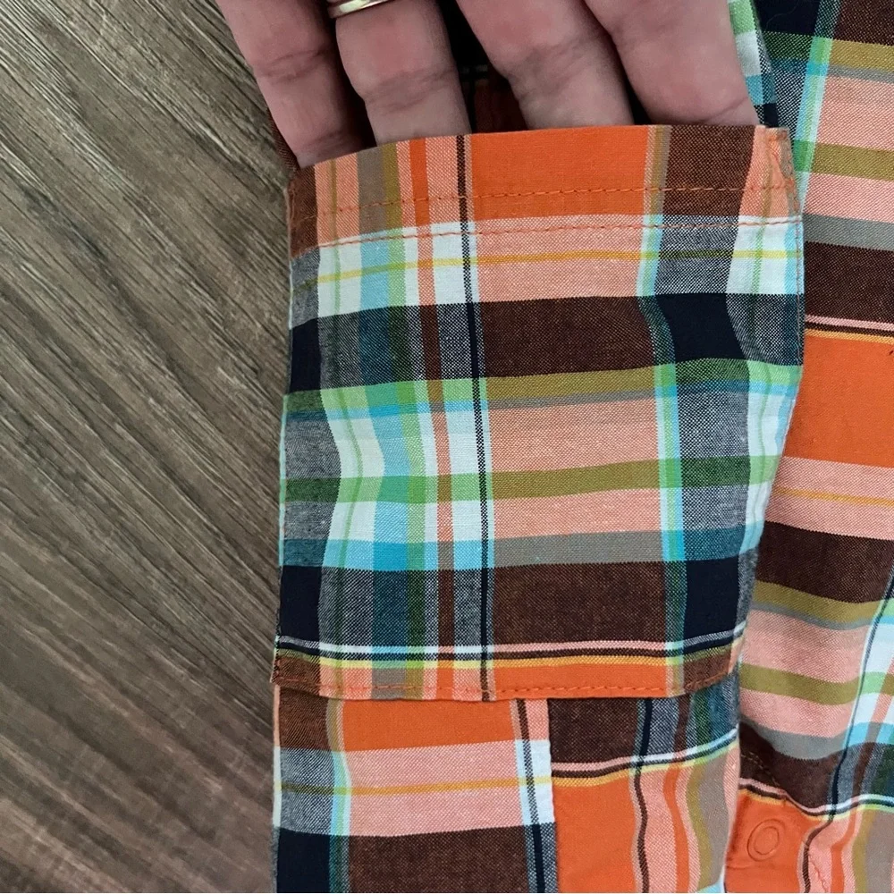 🍄 3/$15 Carter’s Romper Boys 18M Orange Plaid Beach Bum Surf Graphic Cotton